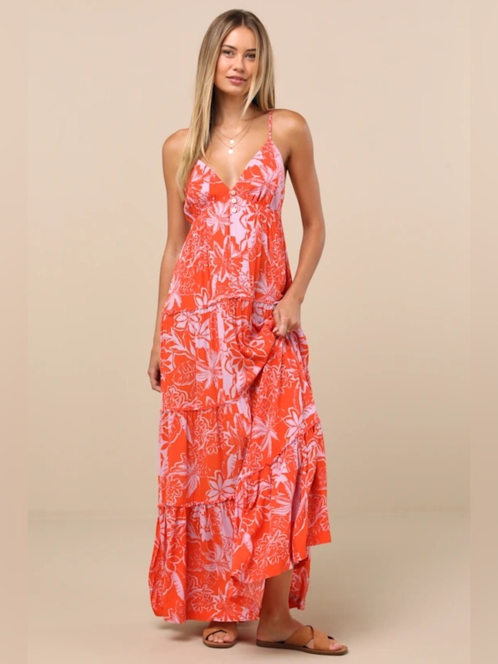 NWT Roxy Warm Rays Coral Tropical Print Tiered Tie-Back Maxi Dress Orange & Pink